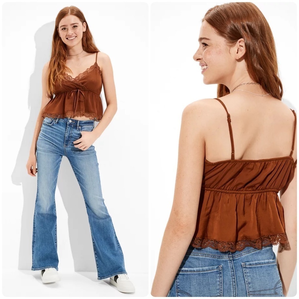 AE Prettiest Lace-Trim Babydoll Camisole Brown Top Women’s Size Medium